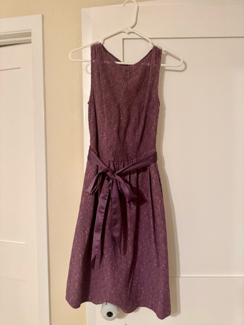 Tevolio Purple Lace Midi Dress with Satin Waist Bow
